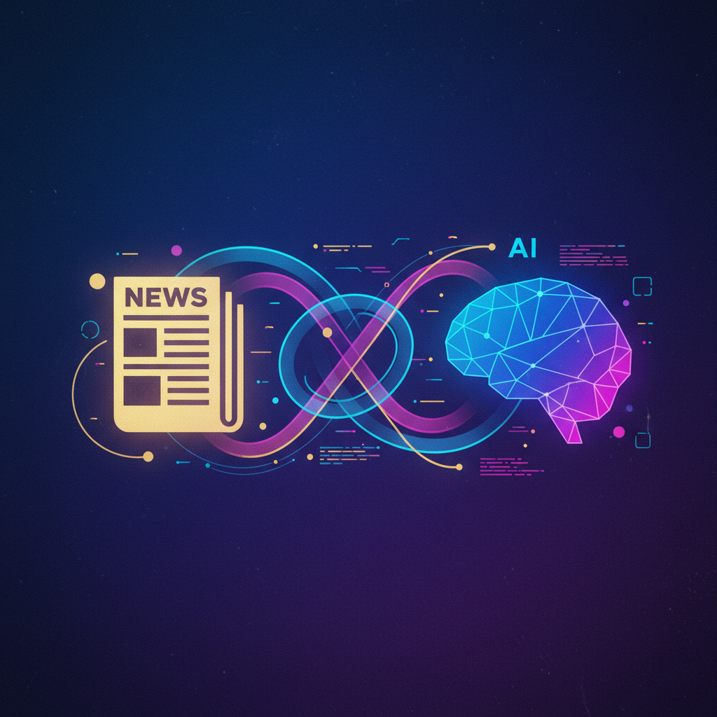 An abstract illustration representing the fusion of news content and artificial intelligence. Soft, glowing lines connect a stylized newspaper icon with a geometric AI brain icon, all set against a deep blue and purple gradient background. The elements are fluid and interconnected, suggesting harmony and integration. Style: illustration, artistic rendering, textured background, bright lighting.
