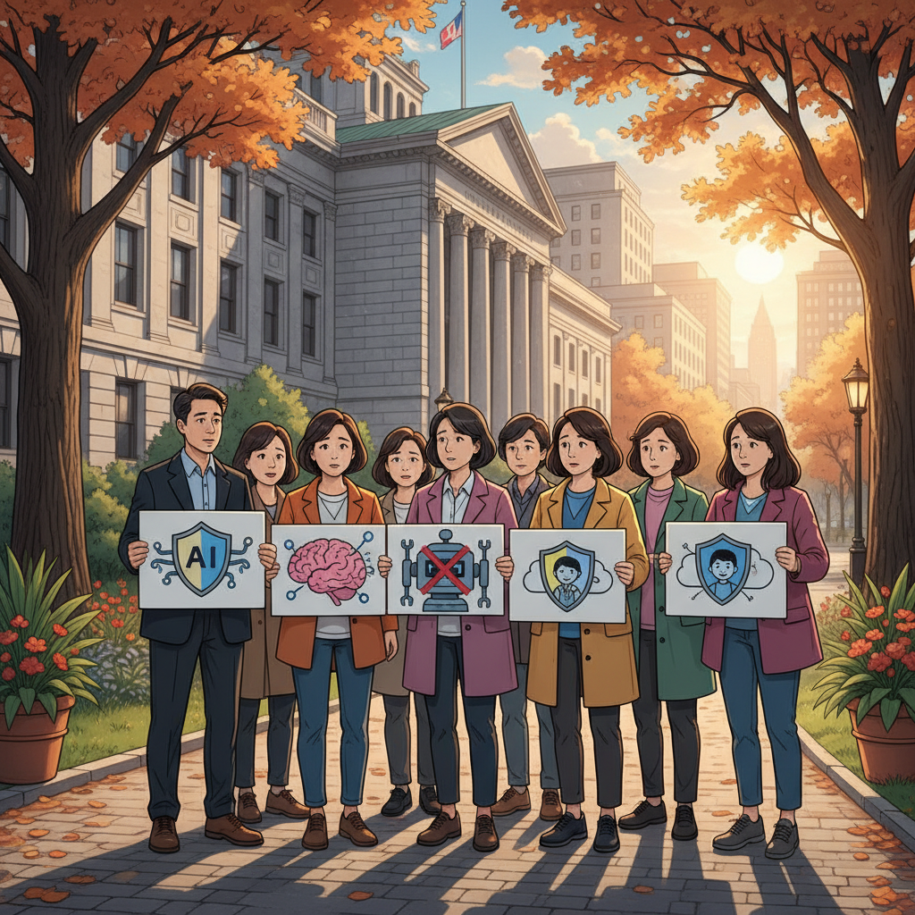 A group of concerned parents, diverse Korean appearance, holding signs advocating for AI safety, protest in front of a government building in New York, warm lighting, natural setting, vibrant colored background, no text.