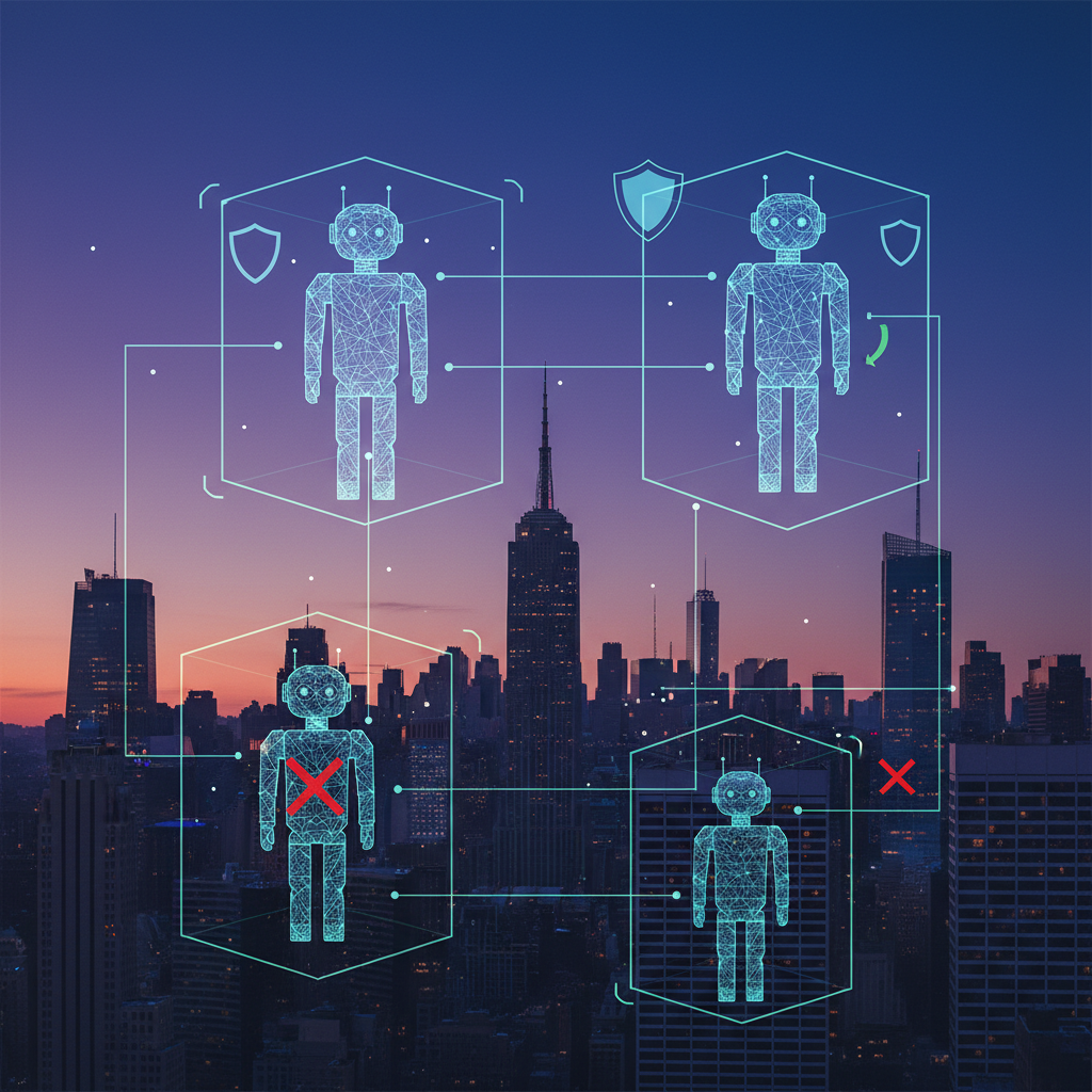 New York City skyline with a subtle digital overlay showing AI robot figures, symbolizing AI regulation, clean infographic style, high contrast, colored background, no text