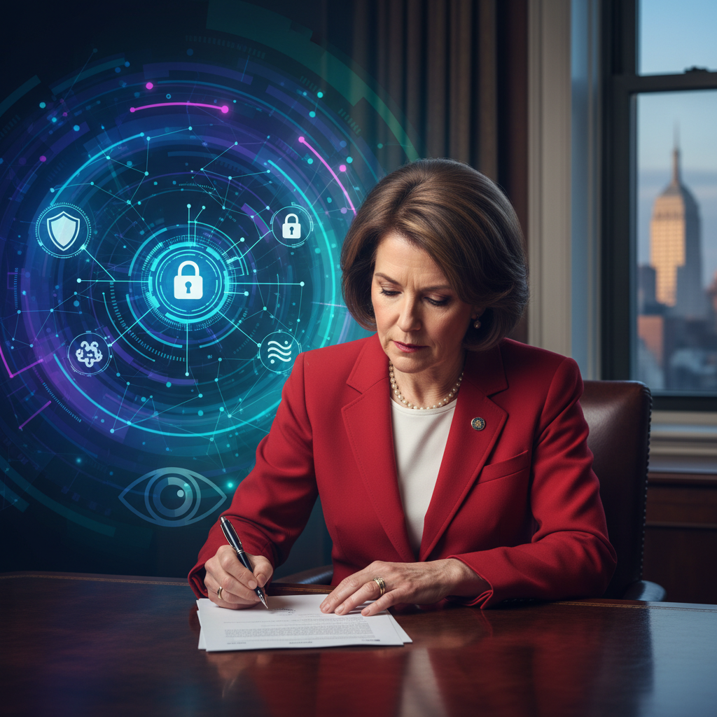 A realistic image of New York Governor Kathy Hochul signing a bill, with AI safety concept elements in the background, professional setting, colored background, no text