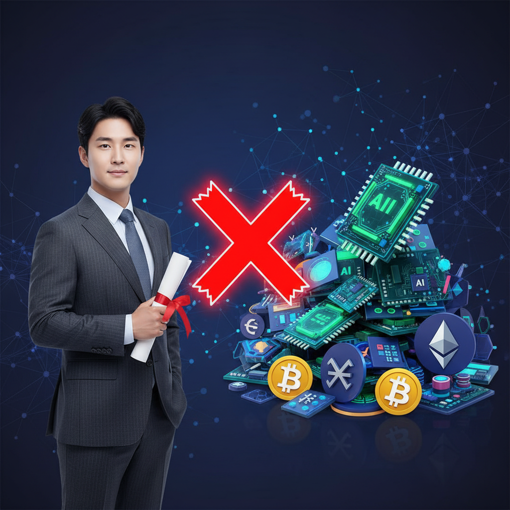 A clean infographic illustrating a person (Korean appearance) in a suit on one side, holding a policy document, while the other side shows a pile of tech-related investments (AI chips, crypto symbols). A red "X" or a warning sign indicates conflict. Modern, high contrast, full frame, bright, balanced lighting, tech-themed background. No text.