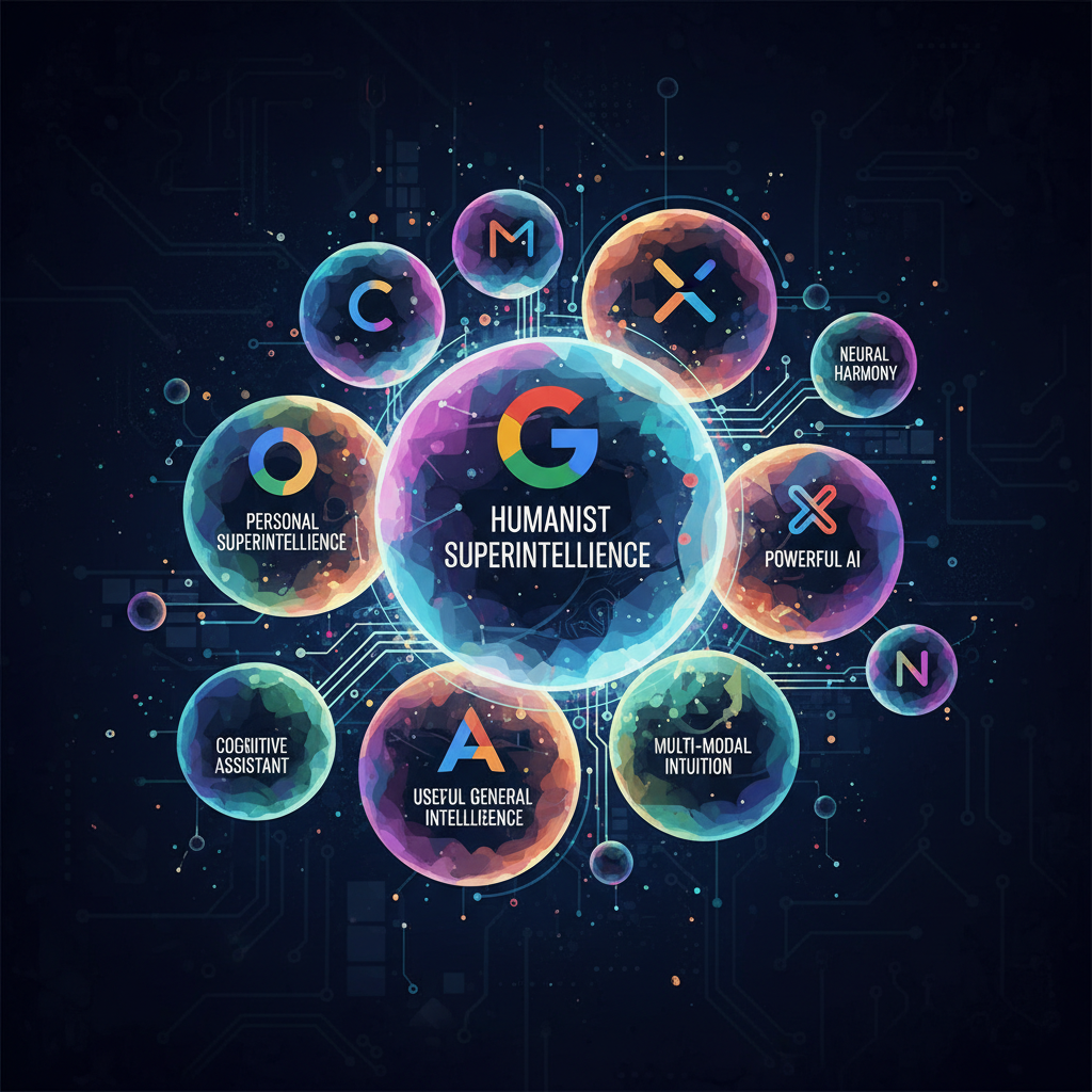 A visually rich illustration of various AI company logos, each surrounded by a bubble containing their new rebranded "intelligence" term (e.g., "Personal Superintelligence," "Humanist Superintelligence," "Useful General Intelligence," "Powerful AI"). The overall composition is dynamic and interconnected on a textured, dark background. No text, illustration, artistic rendering, textured background
