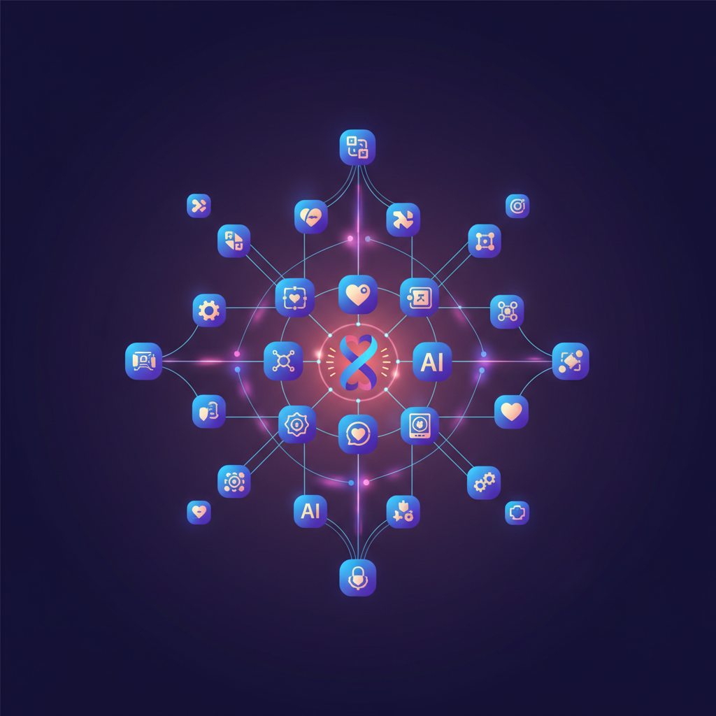 A visual representation of various AI dating app icons interlinked, symbolizing deeper connections and advanced matching, clean infographic style, gradient background, high contrast, no text