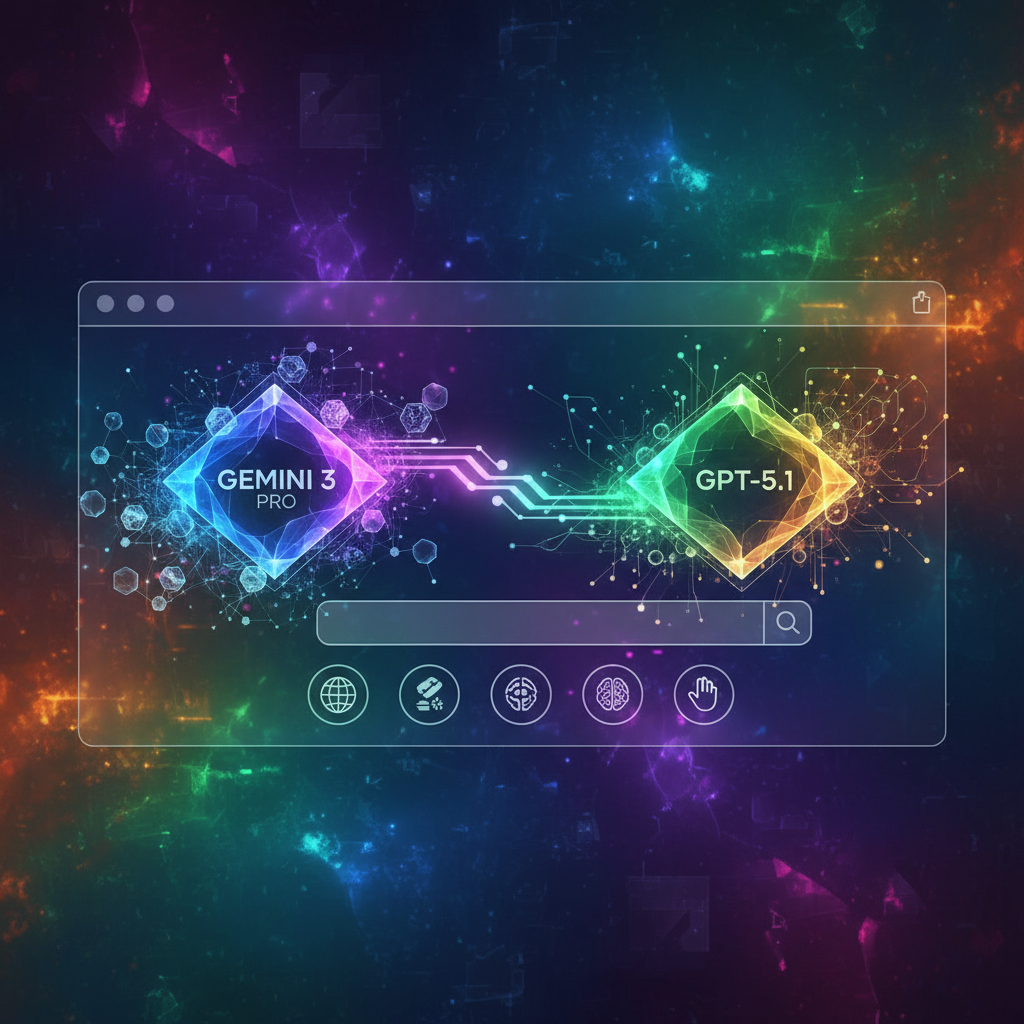 Conceptual image of various advanced AI models (Gemini 3 Pro, GPT-5.1) seamlessly integrated into a futuristic browser interface, vibrant digital art, abstract yet clear, colored background, no text