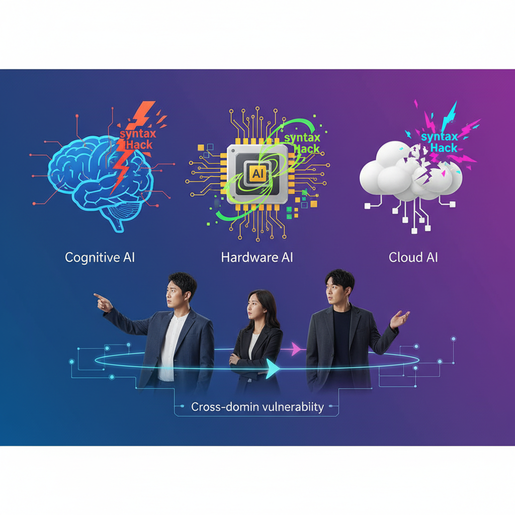clean infographic, modern layout, high contrast, showing multiple distinct AI model icons (stylized representations like a brain, a chip, a cloud) each with a 'syntax hack' symbol impacting its performance or safety, illustrating cross-domain vulnerability. Korean appearance figures, natural expression. No visible text in image. Never use Korean characters. Gradient background.