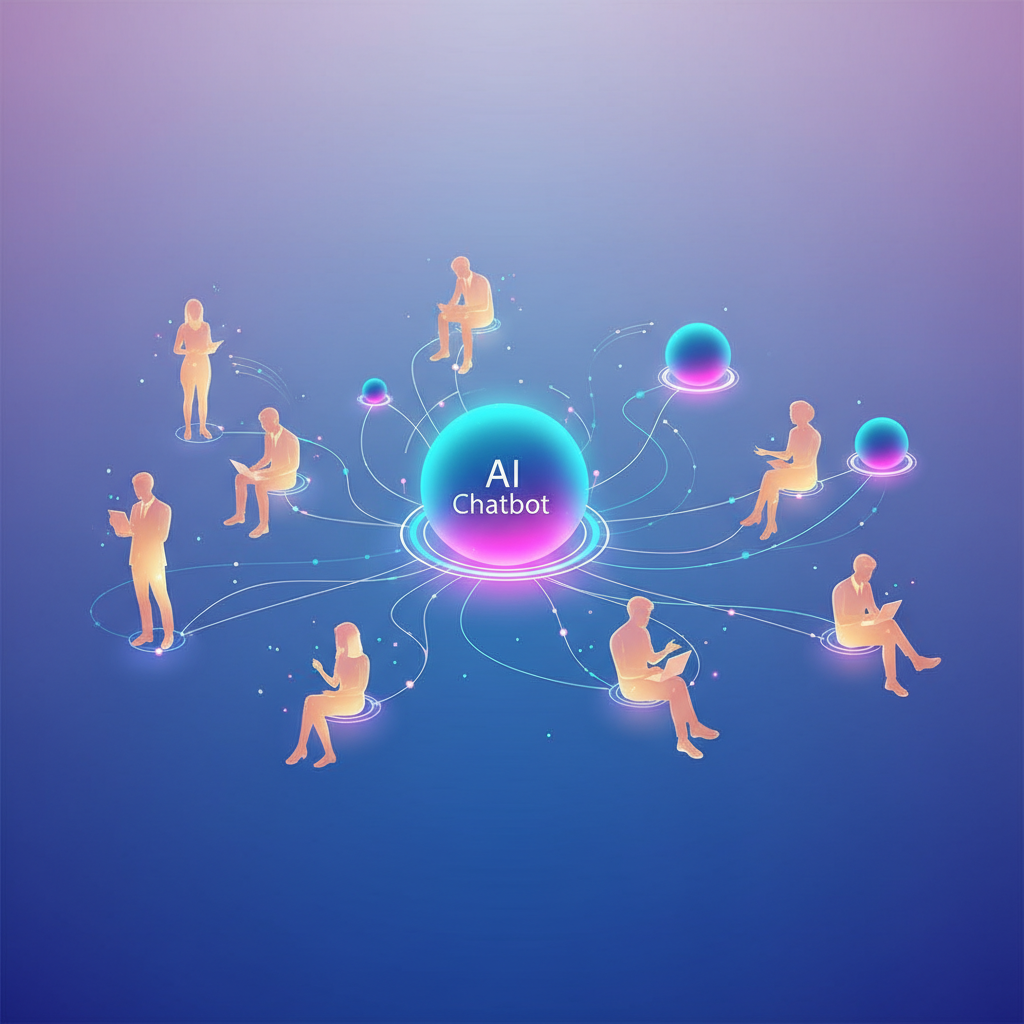 A modern infographic illustrating several AI chatbots, represented by glowing, interconnected nodes, interacting with users who are shown as diverse, engaged individuals. The background is a soft, textured blue and purple gradient, symbolizing technological advancement and connectivity. Clean layout, high contrast, no visible text. Centered focus.