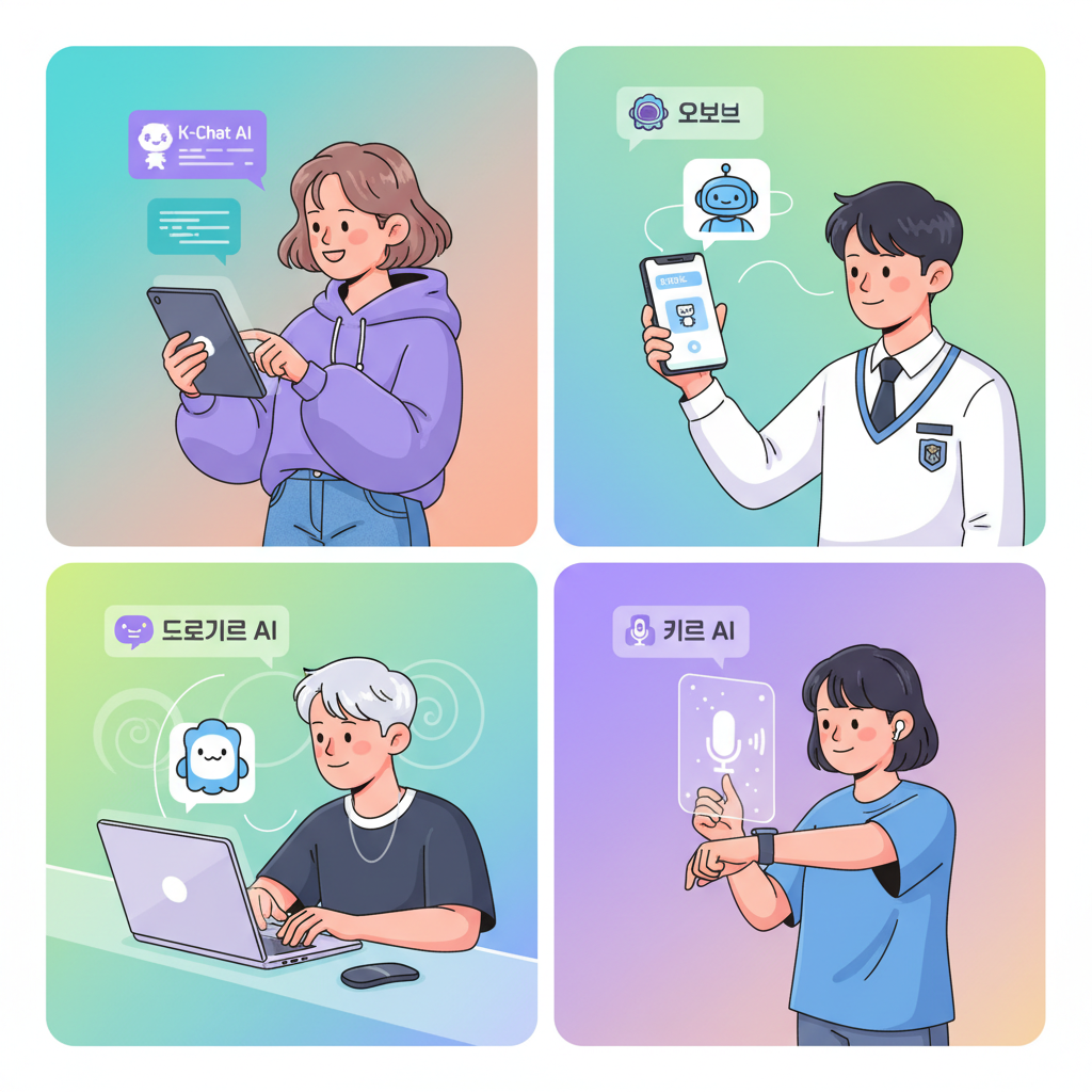 A clean infographic showing several Korean teenagers using different AI chatbots on various devices, dynamic composition, bright colored background, no text