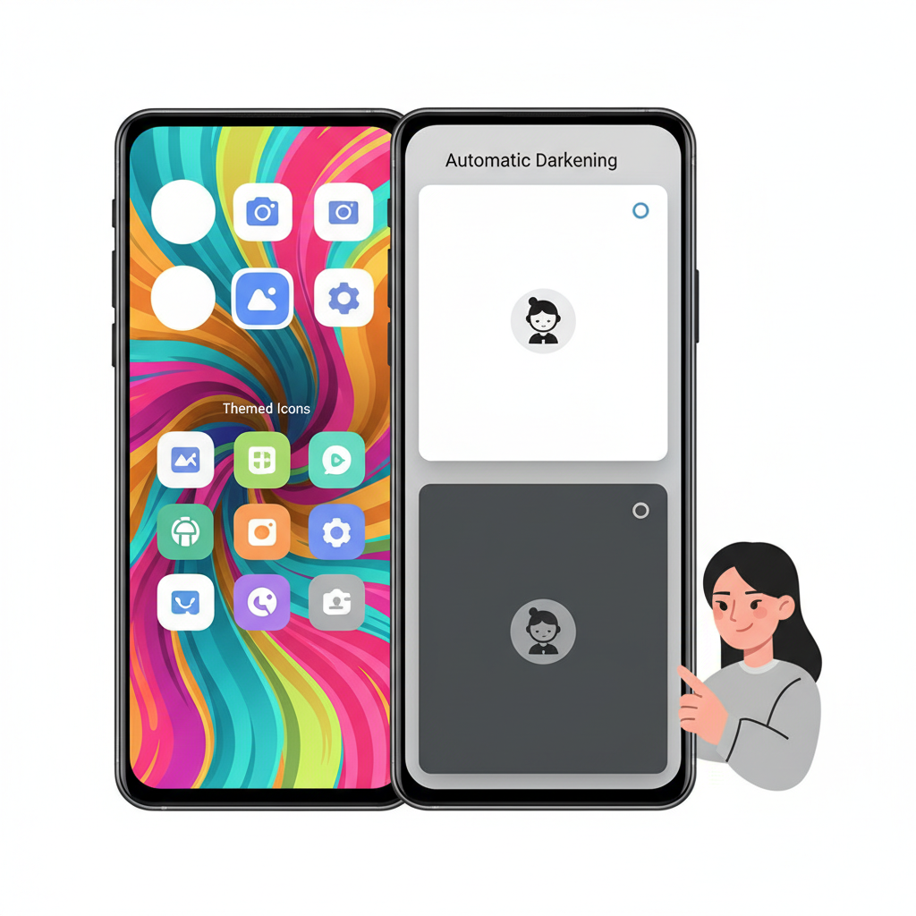 A smartphone screen showcasing various Android 16 customization options. Different icon shapes, themed icons adapting to a colorful background, and a light app automatically darkened. The background features a vibrant, abstract pattern. No visible text on the screen. Style: clean infographic, modern layout, high contrast. Korean appearance person.