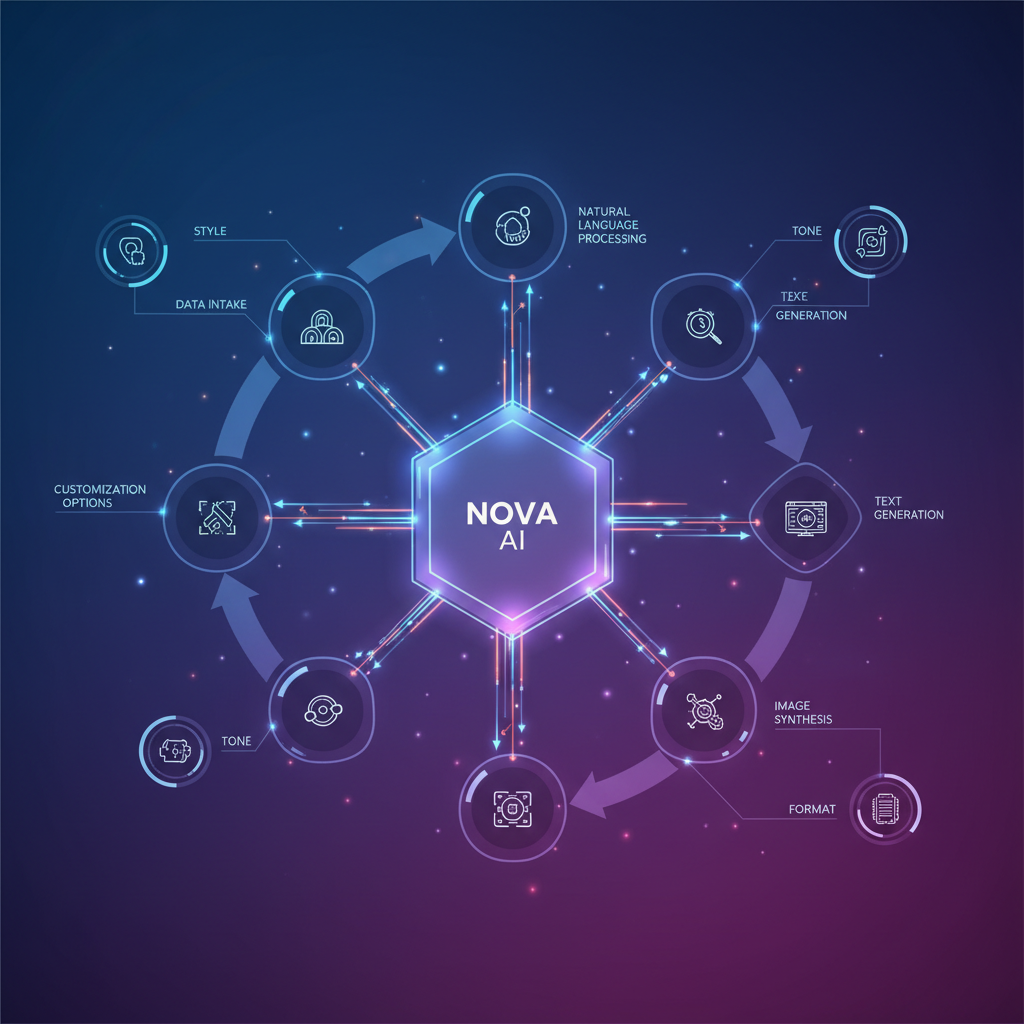 Clean, futuristic infographic showing multiple Nova AI models interconnected, processing data and generating text and images. Emphasize data flow and customization options. High contrast, modern layout, gradient background. No visible text.