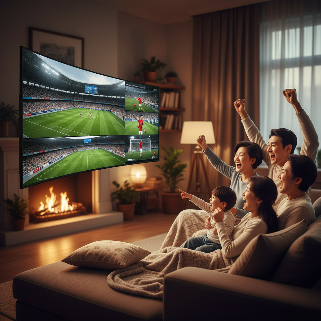 A joyful Korean family watching a sports game from multiple angles on a large screen, feeling immersed, warm lighting, cozy living room with blurred background, no text, 4:3 aspect ratio
