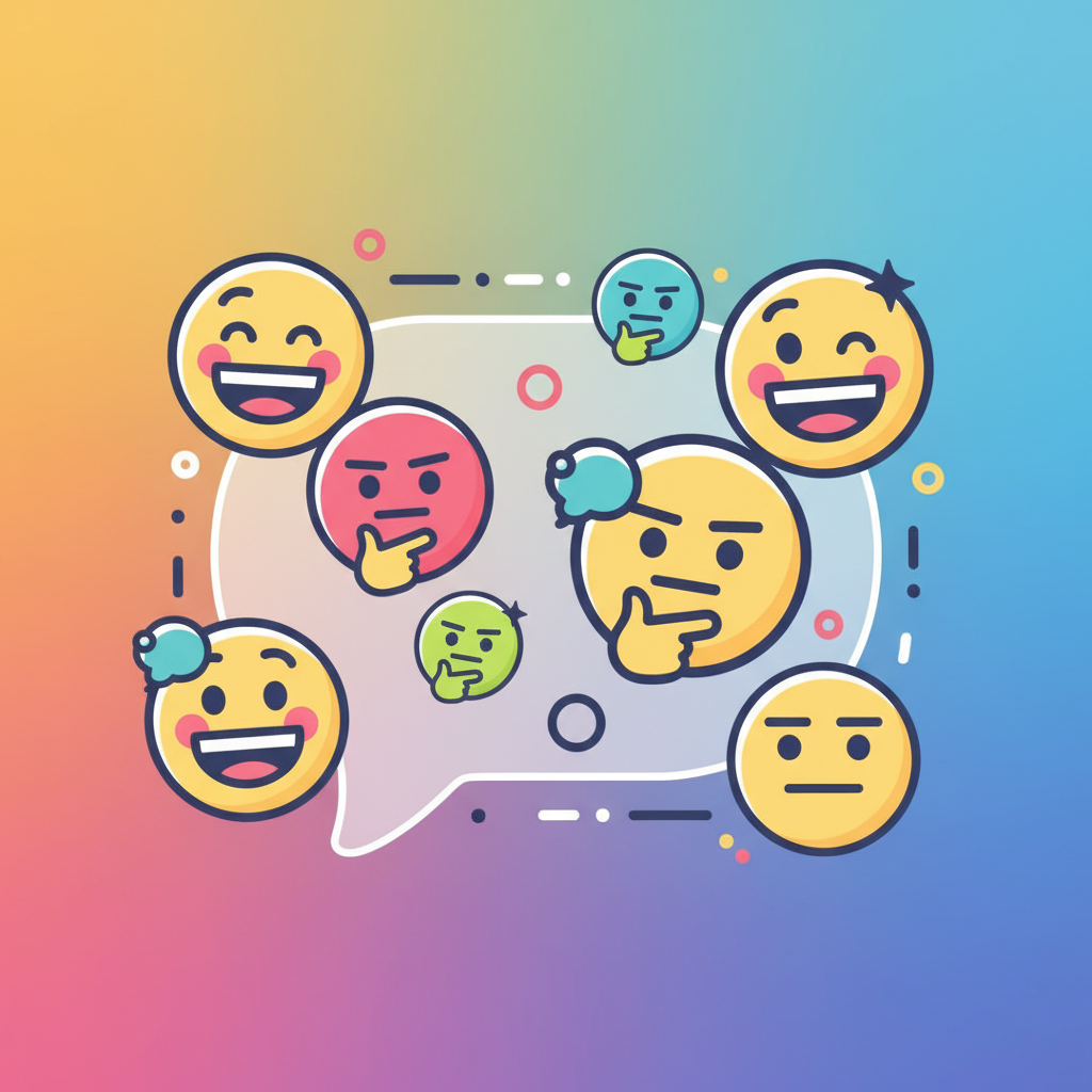 A collage of various emojis (happy, thoughtful, neutral) with a minimalistic chat bubble graphic, suggesting emotional range in AI communication, vibrant colored background, no text