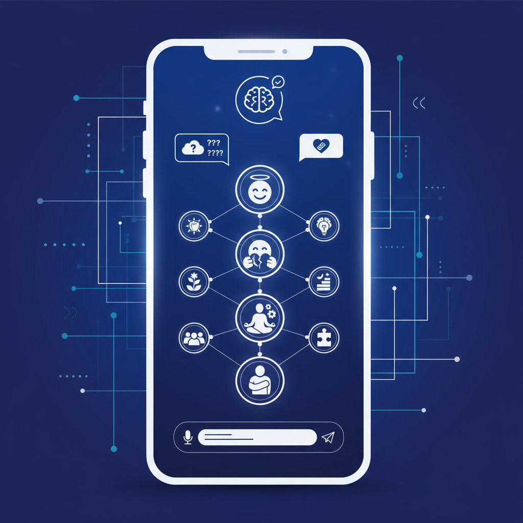 A visually rich infographic showing a smartphone screen with chatbot interface, incorporating various emotional emoticons and icons related to mental health support, clean modern layout, high contrast, no text