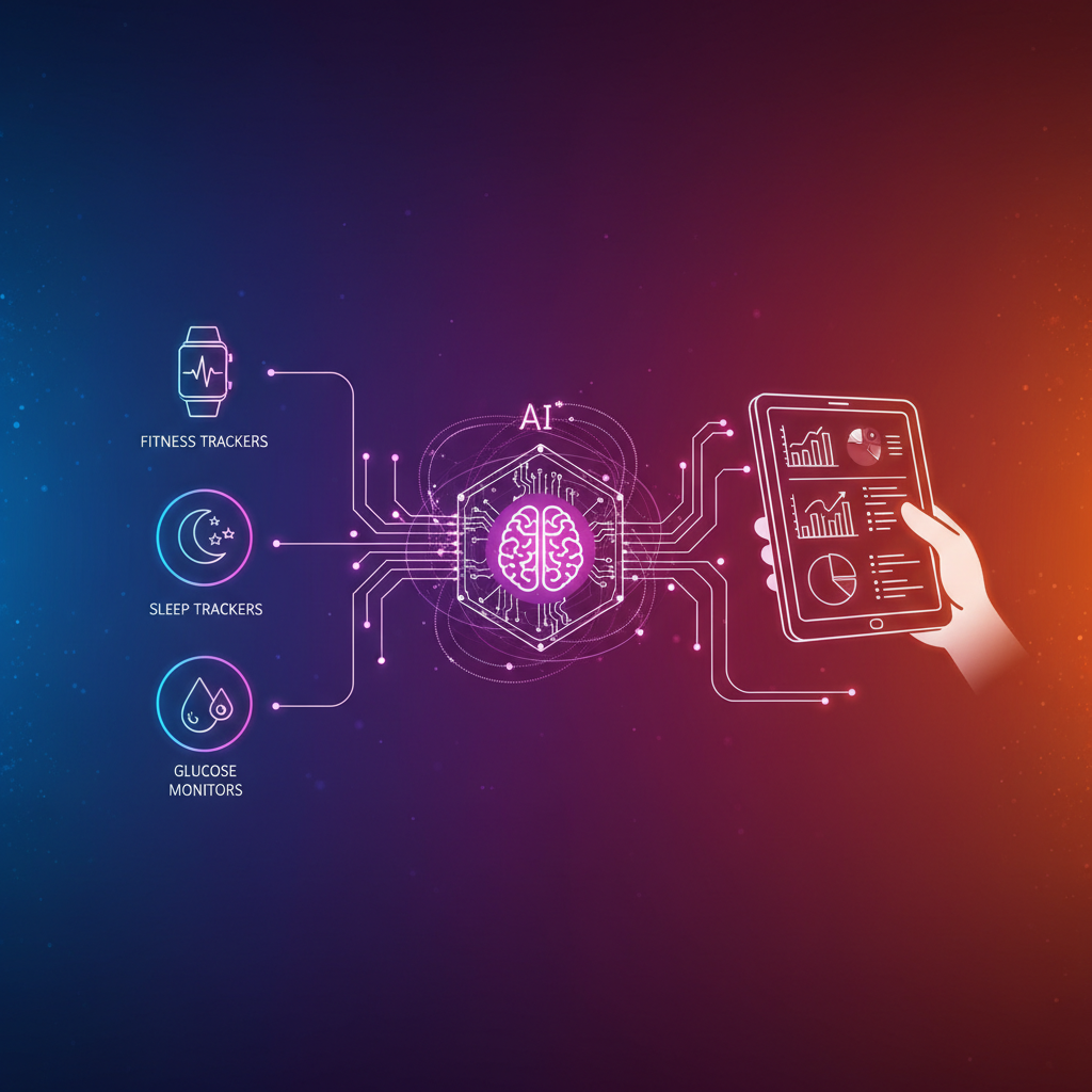 A modern infographic showing various health data sources (fitness trackers, sleep trackers, glucose monitors) flowing into a central AI system (represented by a stylized brain icon or a sophisticated data center). The AI then processes and analyzes this data, presenting personalized insights to a user on a tablet. The background is a vibrant, textured gradient. No text in the image. Style: clean infographic, modern layout, high contrast.