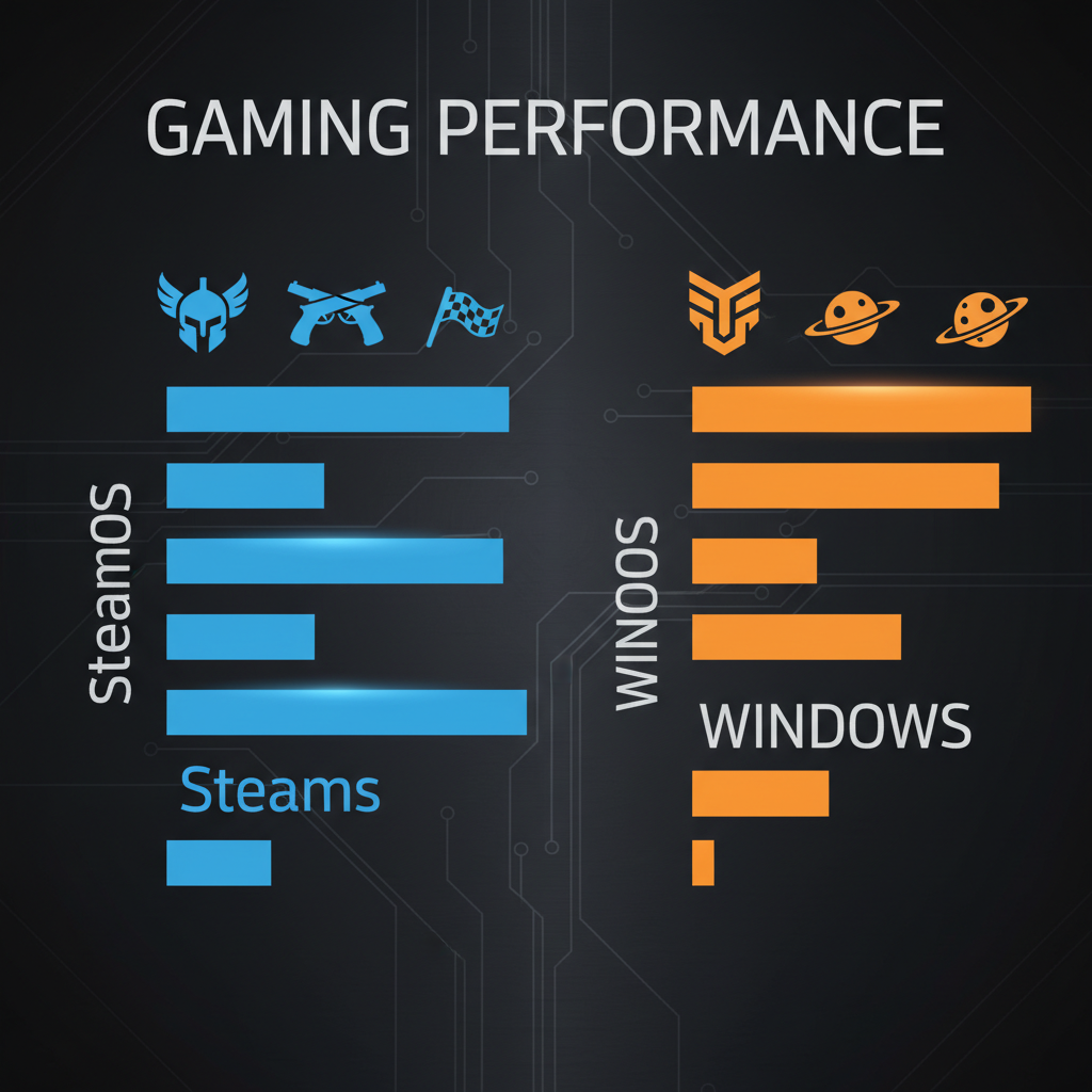 Clean infographic comparing average frame rates of various popular game titles when run on SteamOS vs. Windows with dedicated GPUs. Use abstract bar graphs or visual indicators instead of precise numbers. High contrast, modern design, textured background. No visible text.