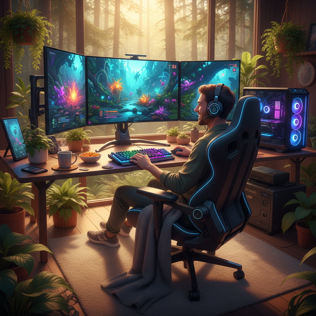 A person happily playing a video game on a modern PC setup, vibrant colors, gaming peripherals, warm lighting, natural setting, no text
