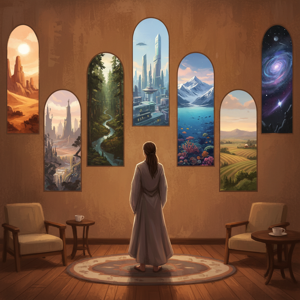 A room with multiple windows, each showing a distinct and different landscape, symbolizing diverse perspectives and information sources. A person stands in the middle, thoughtfully observing. Style: artistic rendering, soft lighting, inviting atmosphere. Background: warm, textured wall. No text.