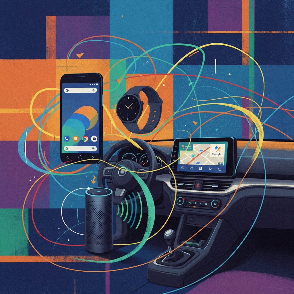 An artistic rendering of various Google devices (smartphone, smartwatch, smart speaker, car infotainment system) seamlessly connected, with abstract lines representing data flow. Illustration style, textured background, vibrant colors, no text, 4:3 aspect ratio