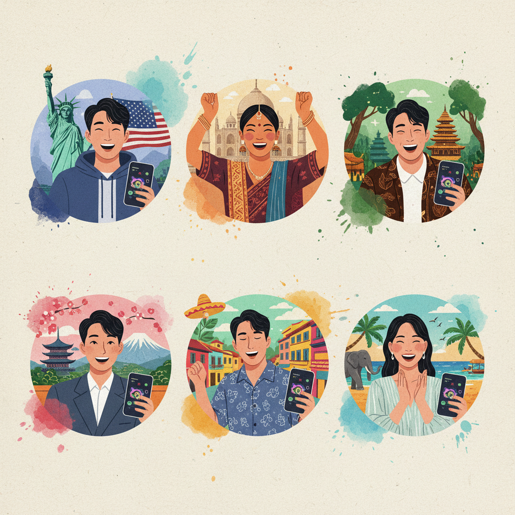 A vibrant collage showcasing diverse Korean people from different countries (representing US, India, Indonesia, Japan, Colombia, Thailand) interacting with Spotify Wrapped on their phones. Each person shows excitement and joy, with subtle country-specific elements in the background. Style: modern illustration, artistic rendering, textured background. No text.