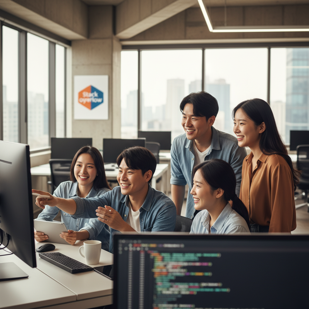 A group of diverse Korean developers passionately discussing code on a screen in a modern, brightly lit office, with a subtle, blurred Stack Overflow logo in the background. Vibrant community feel, natural expressions, no visible text.