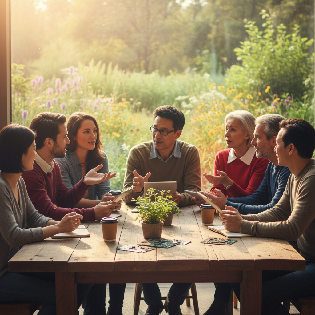 A diverse group of people sitting around a table, actively discussing environmentally friendly AI technologies. Style: lifestyle photography, warm lighting, natural setting. No visible text in image. Colored background.