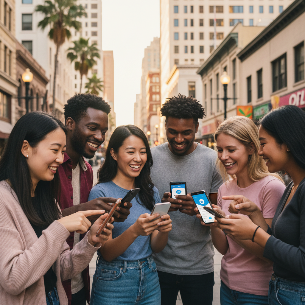 Diverse group of people with different nationalities using the Bluesky app on their smartphones, casual and friendly atmosphere, vibrant city background, bright lighting, no text
