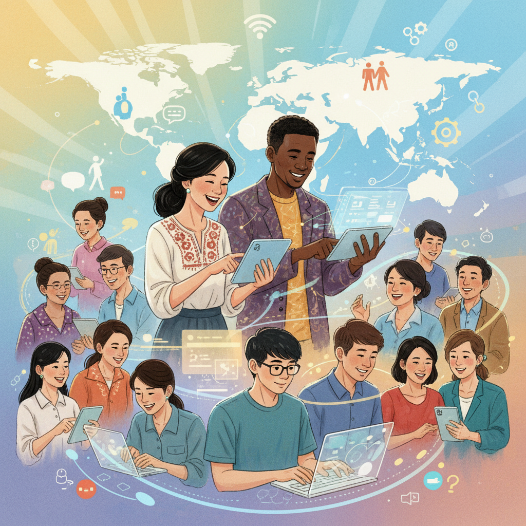 A vibrant and harmonious illustration depicting people of diverse ethnicities (Korean appearance prominent) collaborating and interacting positively in a global setting. Show elements of technology and social connection, emphasizing unity and mutual respect. The background is a soft, gradient mix of colors, representing interconnectedness. Style: illustration, artistic rendering, textured background. No visible text in image.