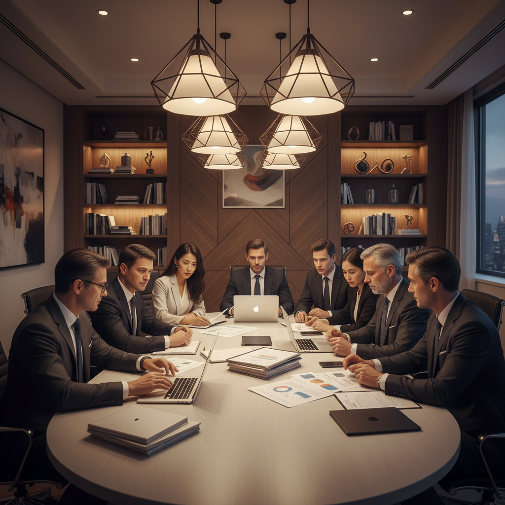 A diverse group of academics and tech executives, Korean appearance for some, in a sophisticated meeting room, discussing documents with subtle tension, reflecting both collaboration and disagreement, warm lighting, textured background, modern layout, no text