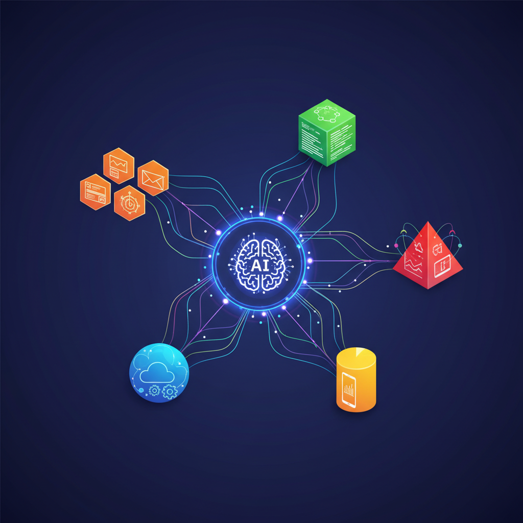 Diverse technology stacks integrated by AI to enhance development efficiency, vivid, clean infographic, modern layout, high contrast, colored background, no text