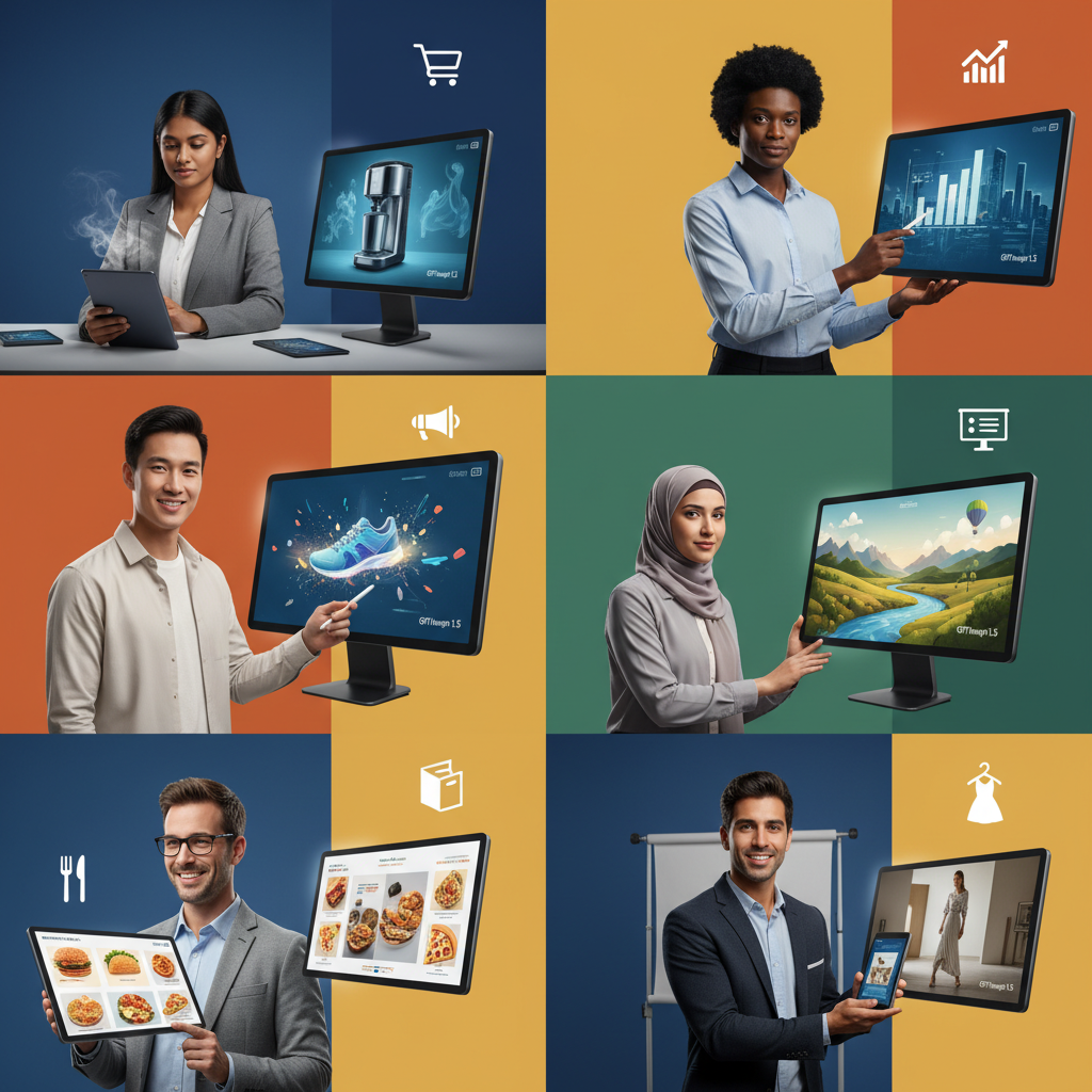 A collage of diverse business professionals, each using GPT Image 1.5 for different tasks like creating product images, marketing materials, and presentation slides, emphasizing practical, high-fidelity visual creation, clean infographic style, high contrast, colored background, no text, 1:1 aspect ratio