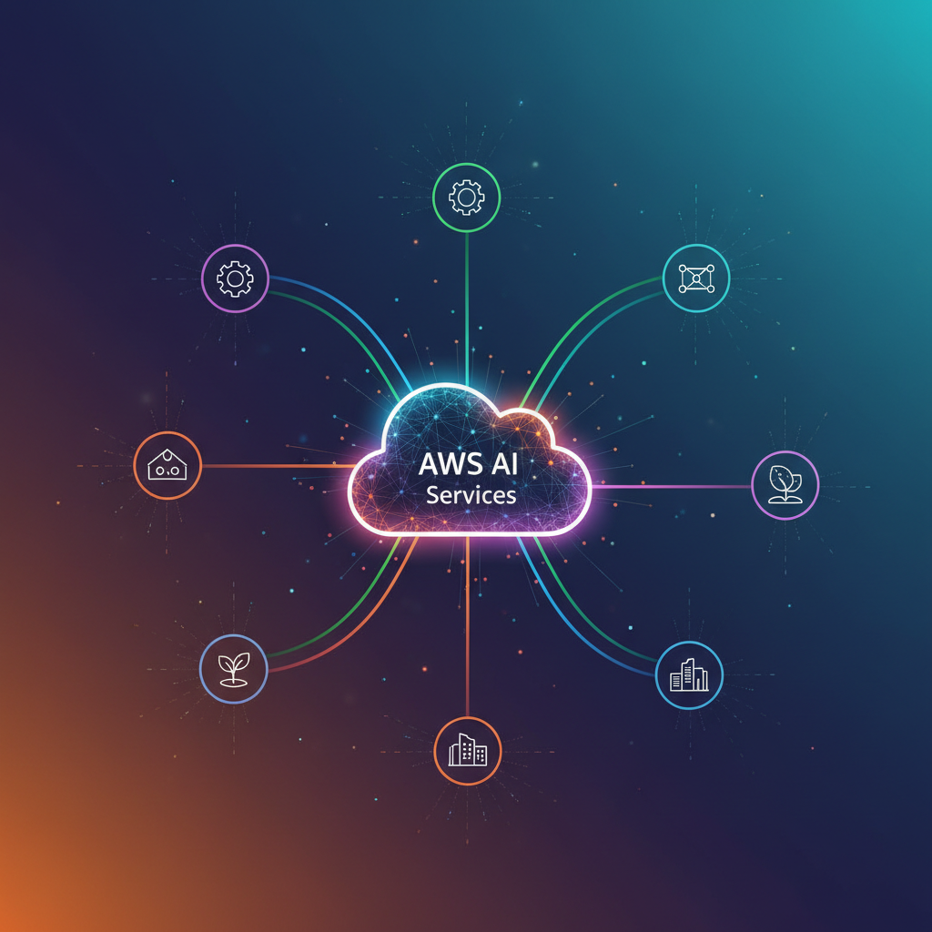 A modern infographic illustrating various companies (represented by abstract icons) utilizing AWS AI services. Show connections between different business sectors and the cloud, symbolizing innovation and growth. Style: clean infographic, modern layout, high contrast. Vibrant, multi-colored gradient background, balanced lighting. No text, no specific data points.