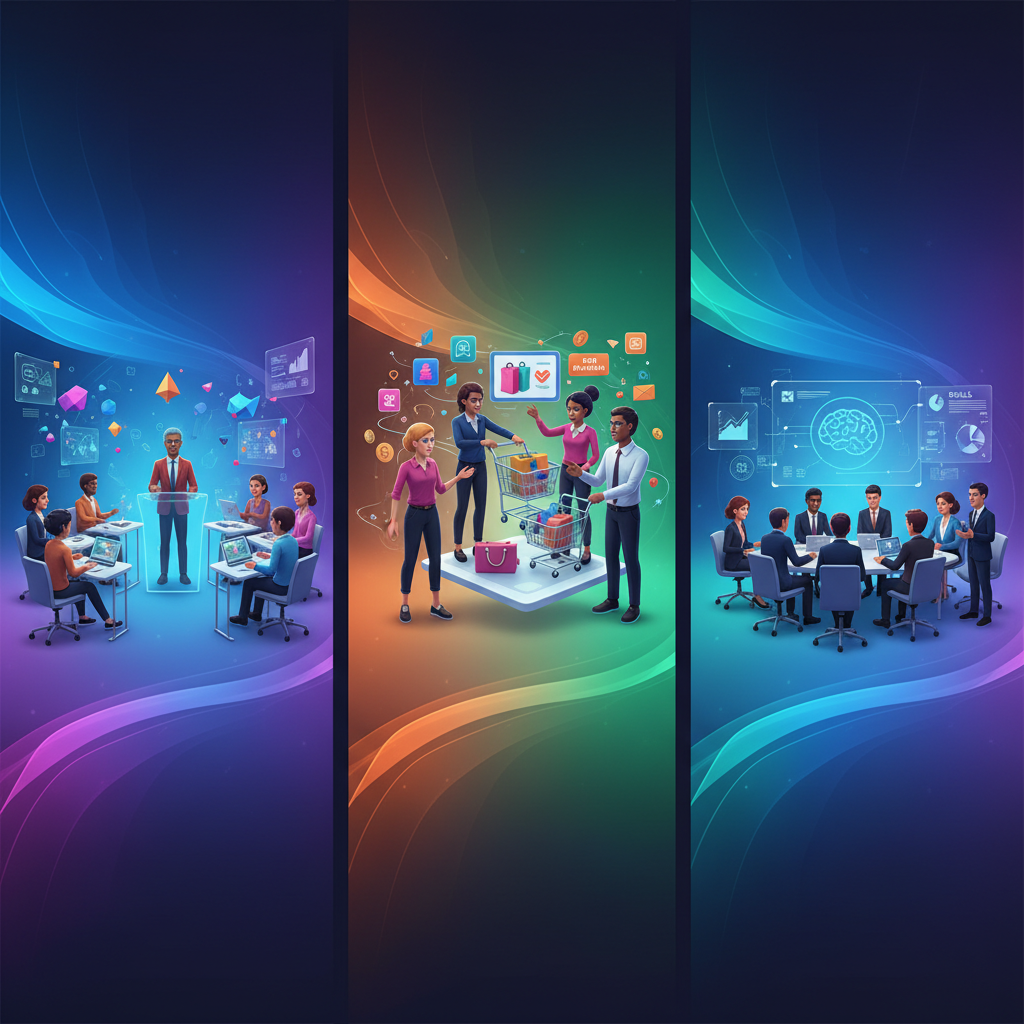 A diverse group of digital avatars working in various professional settings like a classroom, an e-commerce website, and a corporate training session, visually rich composition, colorful background, no text