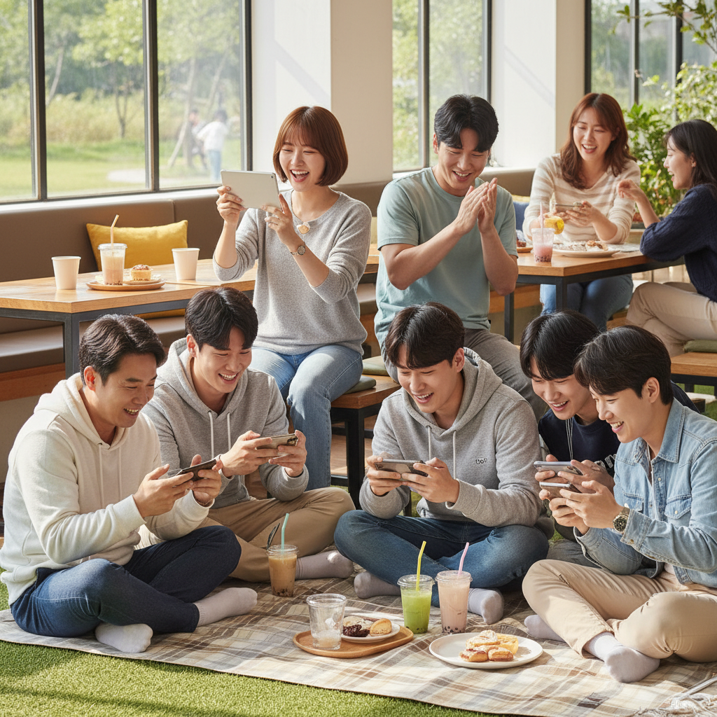 A vibrant and diverse group of Korean people, young and adult, enjoying various mobile games on their smartphones and tablets in a communal setting like a cafe or a park. The atmosphere is cheerful and engaging, with natural light. Style: lifestyle photography, natural setting. No visible text in the image.