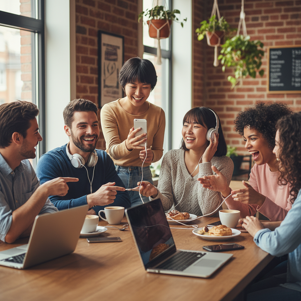 A group of diverse people, including Koreans, engaged in animated conversation, sharing headphones, and showing each other music on their phones in a vibrant, modern cafe setting. The atmosphere is warm and friendly, emphasizing shared experiences. Lifestyle photography, balanced lighting, dynamic composition. No text.