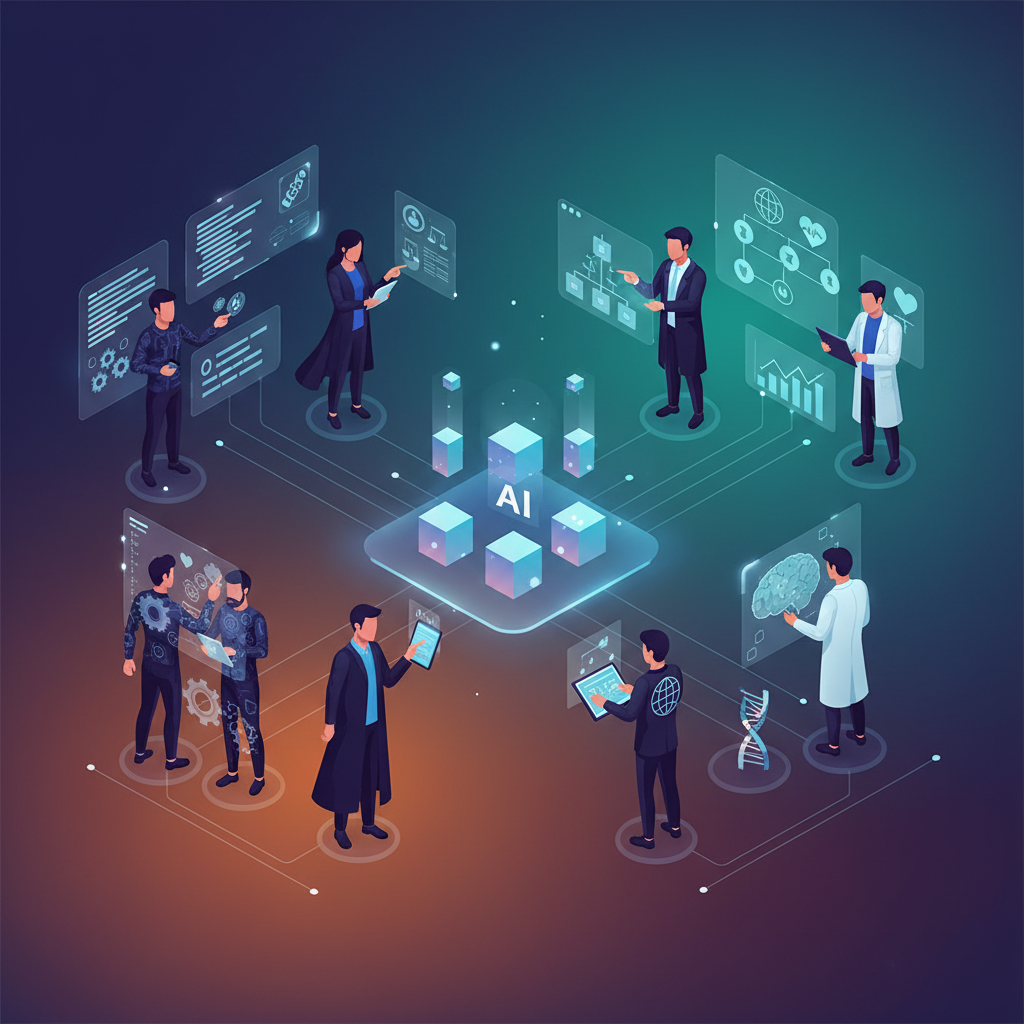 A dynamic scene showcasing a diverse group of professionals—engineers, lawyers, consultants, medical experts—collaborating on specialized AI data training, with a focus on their expertise, modern infographic style, rich, colored background, no text, 4:3 aspect ratio