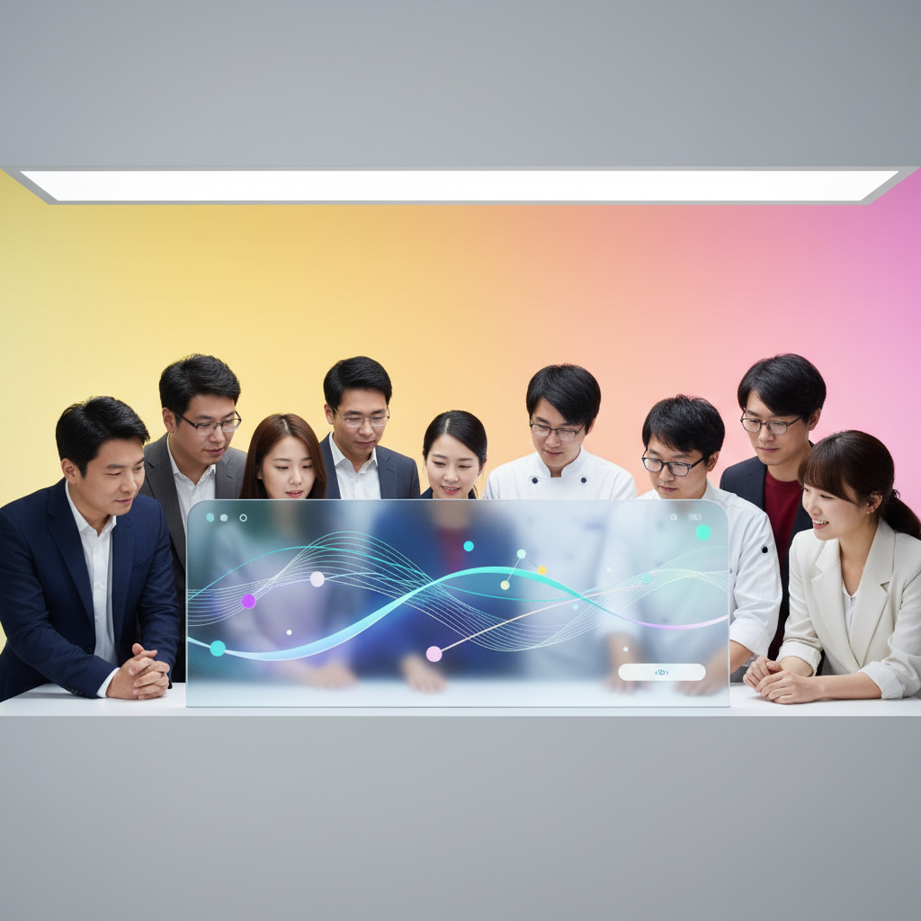 Diverse group of people, not just software engineers, interacting with a user-friendly AI coding agent interface, bright and clean modern design, colored background, no text, bright balanced lighting, centered focus, visually rich, Korean appearance