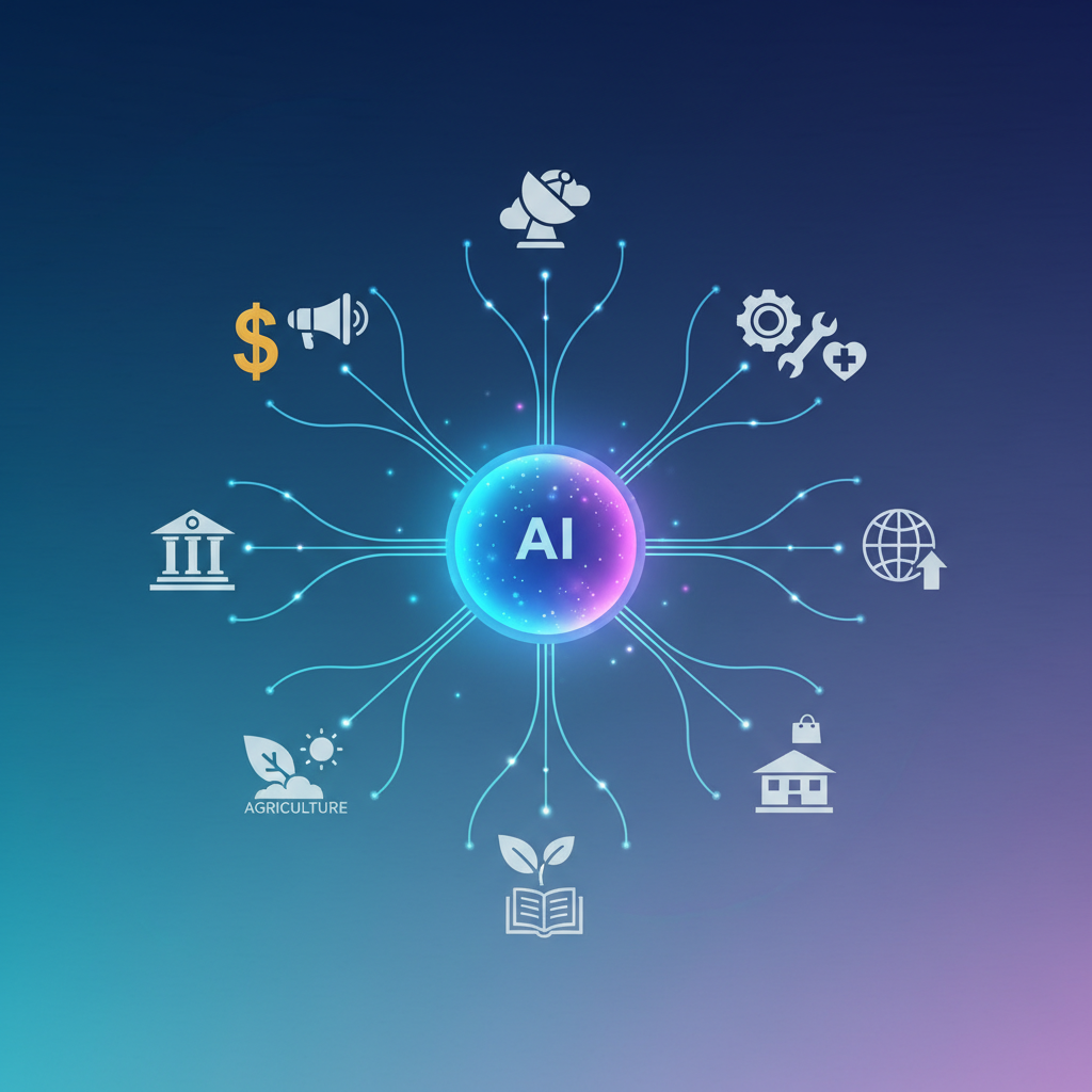 A dynamic infographic showing a central AI core radiating connections to different industry icons (e.g., finance, marketing, government), symbolizing its broad impact. Modern, clean design with a gradient background. No text, centered focus, full frame.