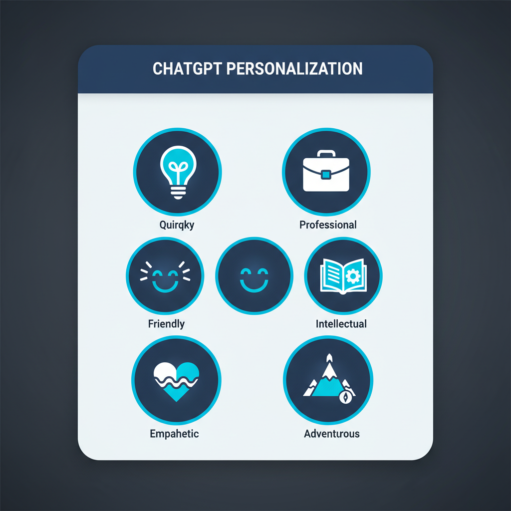 Clean infographic showing various personality icons (e.g., a lightbulb for quirky, a briefcase for professional, a smile for friendly) within a ChatGPT personalization settings UI, modern design, high contrast, textured background, no text, aspect ratio 4:3