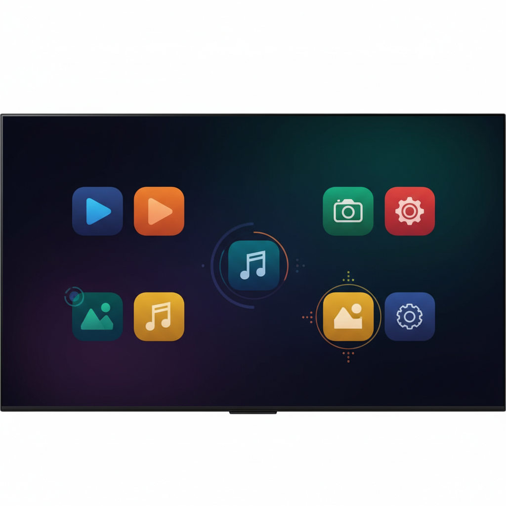 Clean and modern smart TV UI displaying various app icons and subtle AI function indicators, high contrast, organized layout, rich colored background, no text