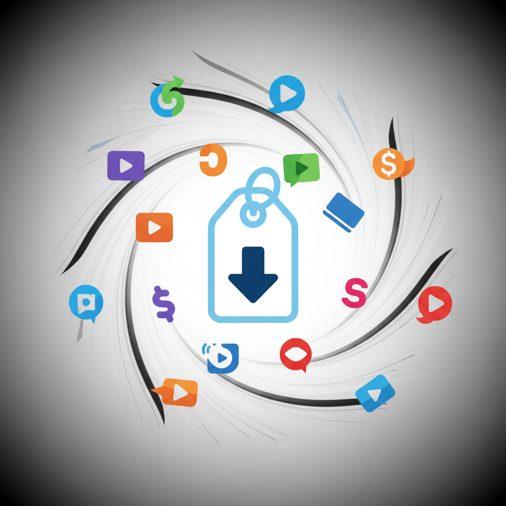 A dynamic composition of various streaming service logos (generic, no specific brand names) flowing around a central abstract representation of a price tag with a down arrow, suggesting market competition. Style: clean infographic, modern layout, high contrast. No visible text in image.