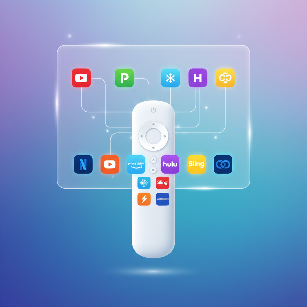 An illustration showing various streaming services and cable TV channels integrated into a single remote control or user interface, clean infographic style, gradient background, no text