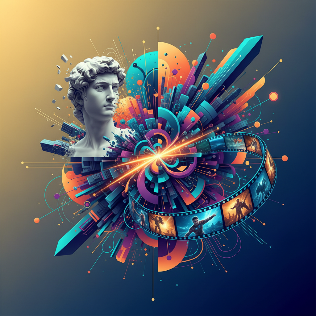 An abstract yet cohesive illustration depicting a blend of photorealistic, stylized, and cinematic visual elements, representing the versatility of AI in mastering various artistic styles. Style: clean infographic, modern layout, high contrast. No visible text. colored background, Centered focus, visually rich, no empty margins