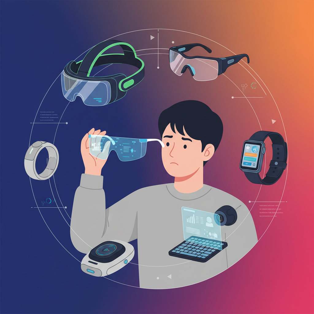 A Korean person looking puzzled while observing various types of smart glasses and wearable devices, clean infographic style, modern layout, high contrast, colored background, no text