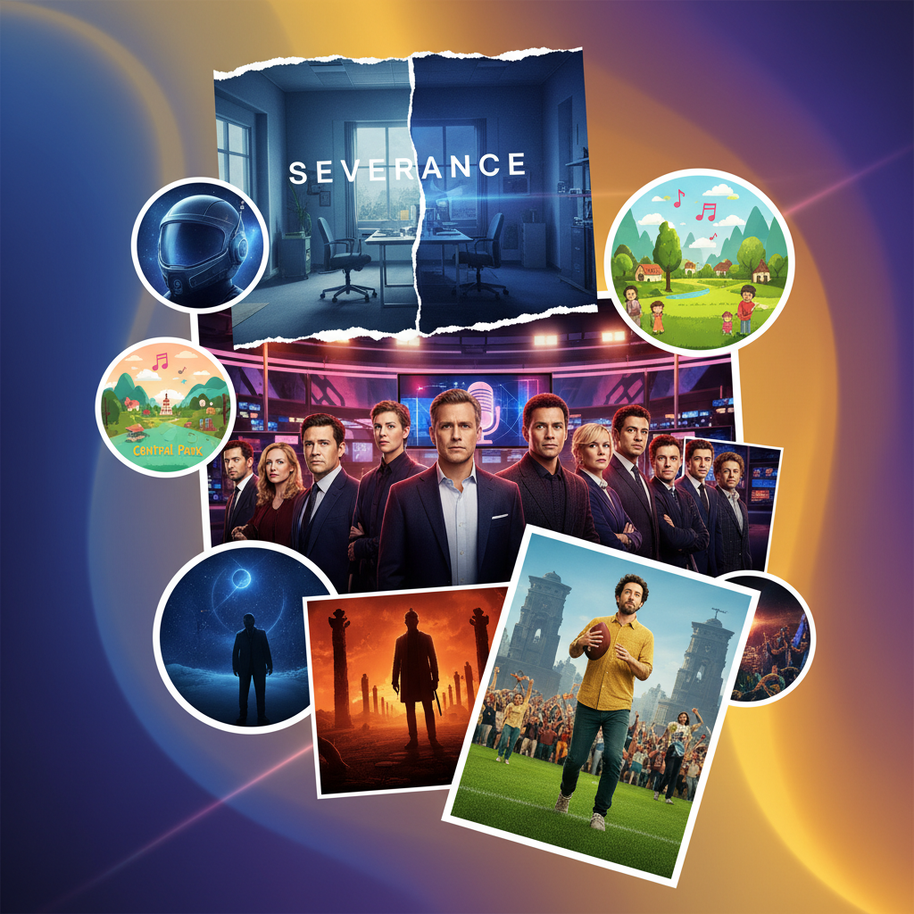 A vibrant collage showcasing various posters and scenes from popular Apple TV+ original shows and movies, such as "Severance" and "The Morning Show." The composition is dynamic and visually rich, with a gradient background. No visible text, 4:3 aspect ratio