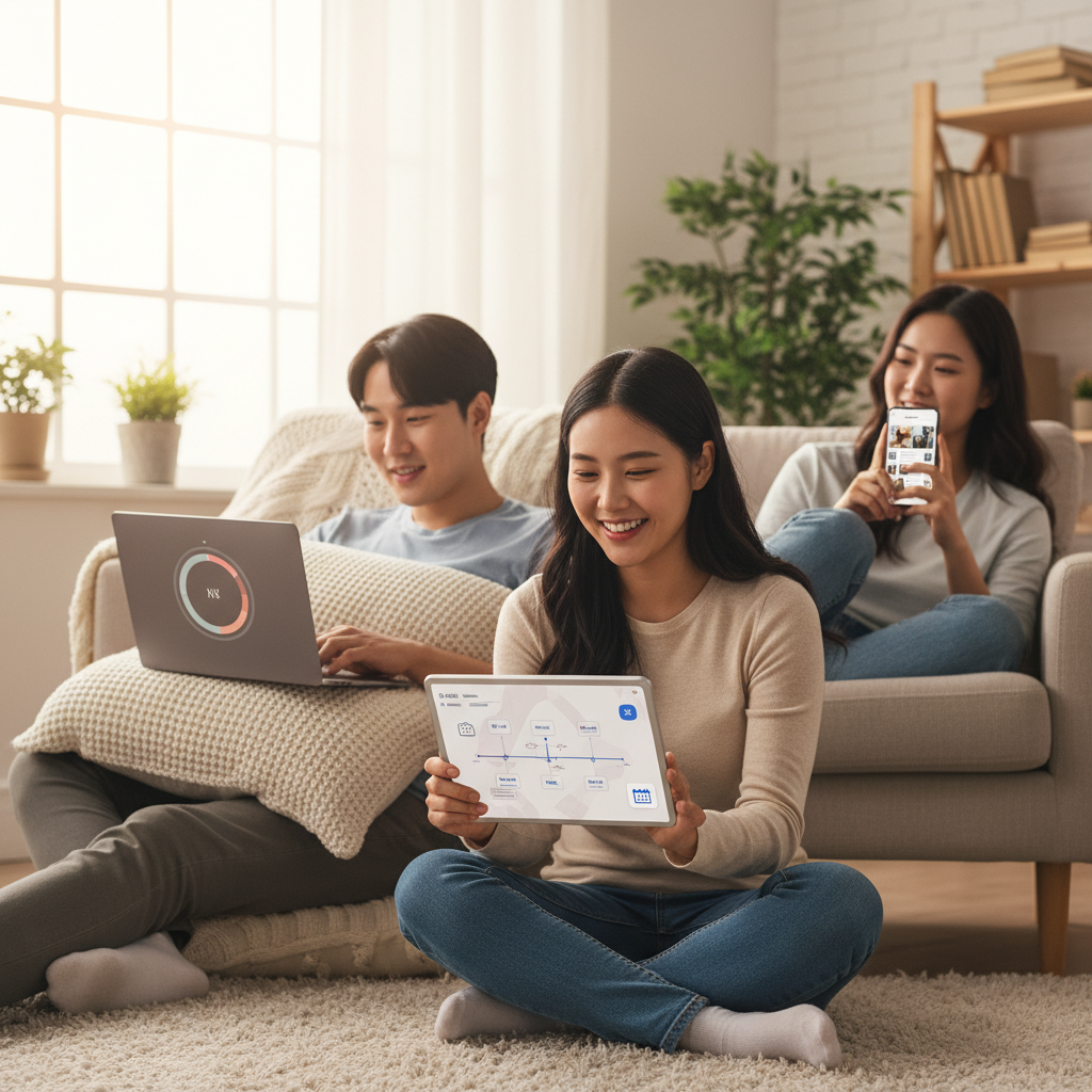 Lifestyle photography of diverse individuals (Korean appearance) happily reviewing their year on different devices (smartphone, tablet, laptop) showing various app interfaces. Cozy, natural setting with warm lighting and a soft textured background. Centered focus. No visible text on screens.