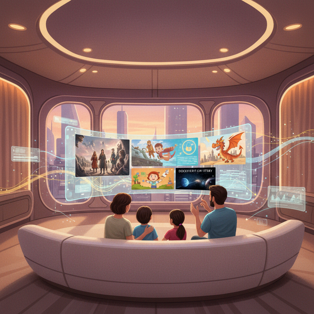 An artistic rendering illustrating the future of AI in entertainment. Show a futuristic living room with a family interacting seamlessly with various media (movies, TV shows, educational content) via voice commands. Glowing AI interfaces are subtly integrated. Style: illustration, artistic rendering, textured background. Background: warm futuristic home interior. No visible text in image.