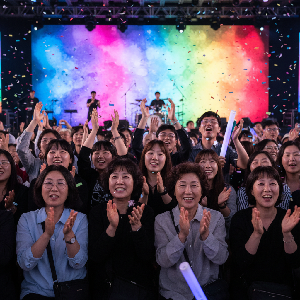 A vibrant scene of people of various ages, with Korean appearance, enjoying a live music concert, cheering and clapping, dynamic lighting, colored background, no text, 4:3 aspect ratio