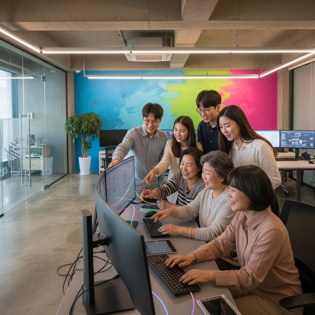 Diverse group of Korean people, including young and older individuals, collaborating around various digital screens and devices, showcasing technology mastery and human connection, bright lighting, modern office setting, colored background, no text