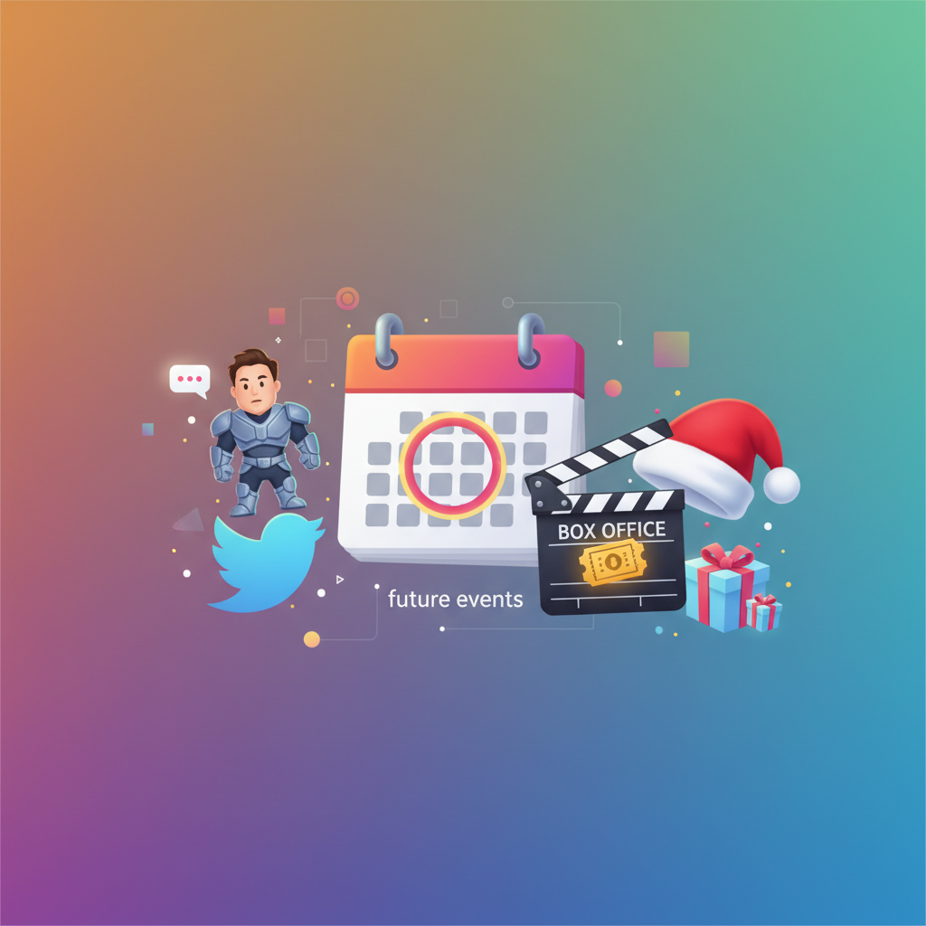 A vibrant image showing various items people can bet on in prediction markets: a calendar for future events, a small figure of Elon Musk for tweets, a movie clapperboard for box office, and a Santa Claus hat for gift counts. The scene has a dynamic, infographic style with a gradient background, no text, and balanced lighting, 4:3 aspect ratio, centered focus.
