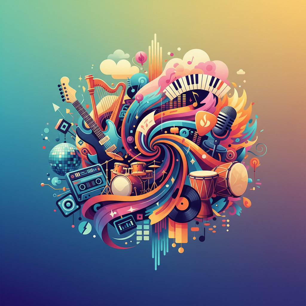 A vibrant graphic illustrating a diverse music playlist with various genres blending together. The design is clean and modern, set against a gradient background with smooth transitions, no text.