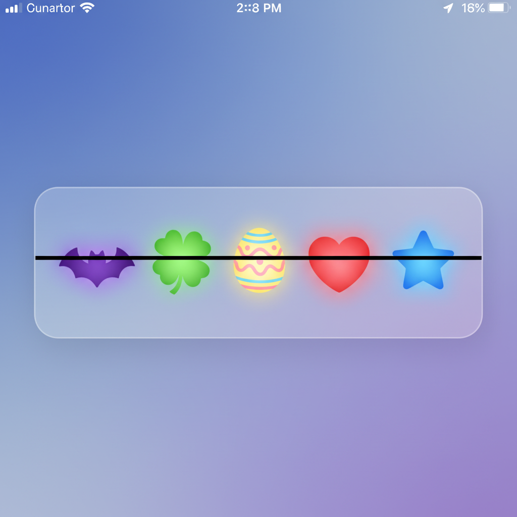 An iPhone Home Screen widget showcasing a string of diverse bulb shapes, such as a bat, clover, Easter egg, heart, and star. The lights are colorful and glowing, set against a transparent background that blends with a subtle gradient wallpaper. Style: clean infographic, modern layout, high contrast. No visible text.